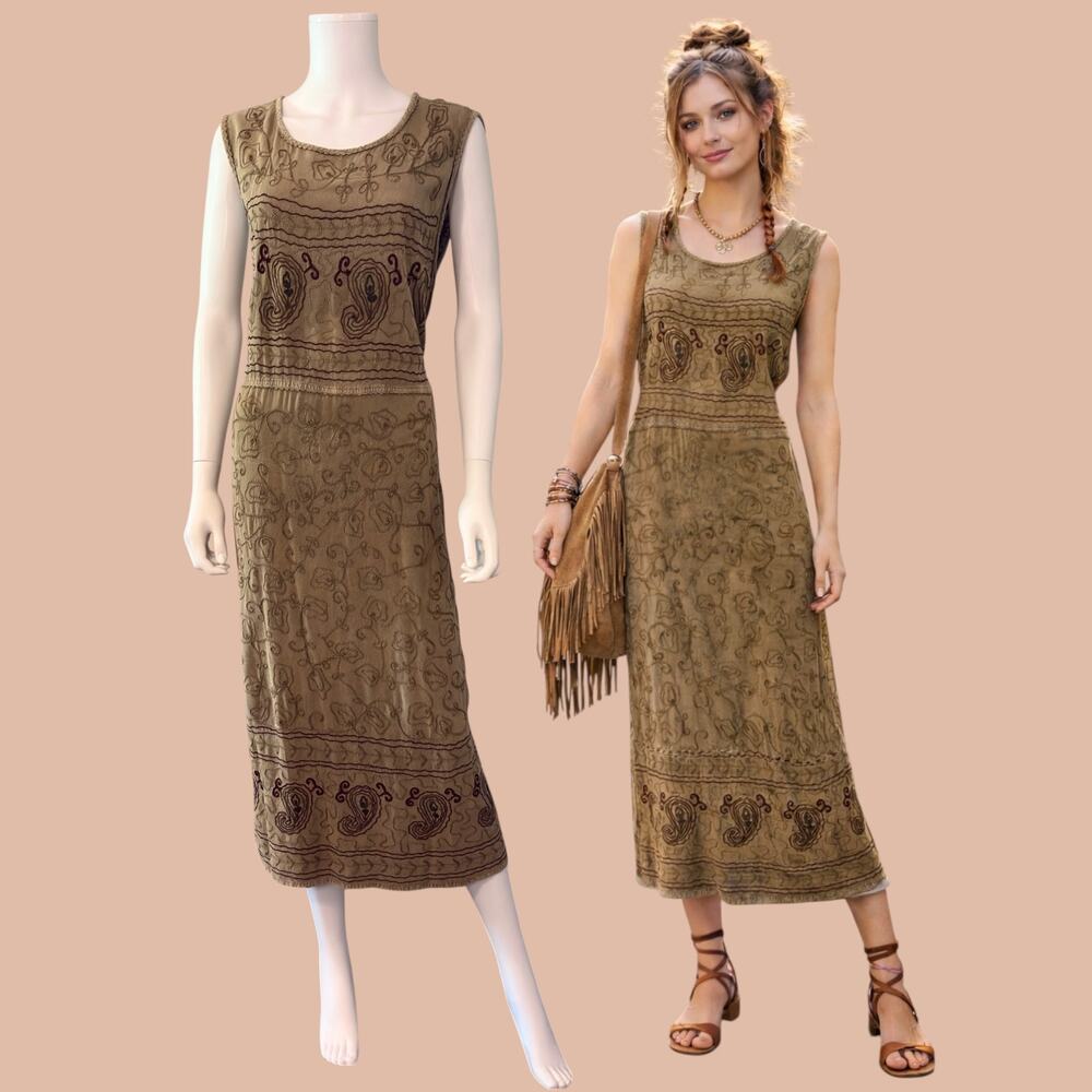 Olivia Boho Midi Tank Dress Size 2X Tan Embroidered Boho Hippie Granola Indie